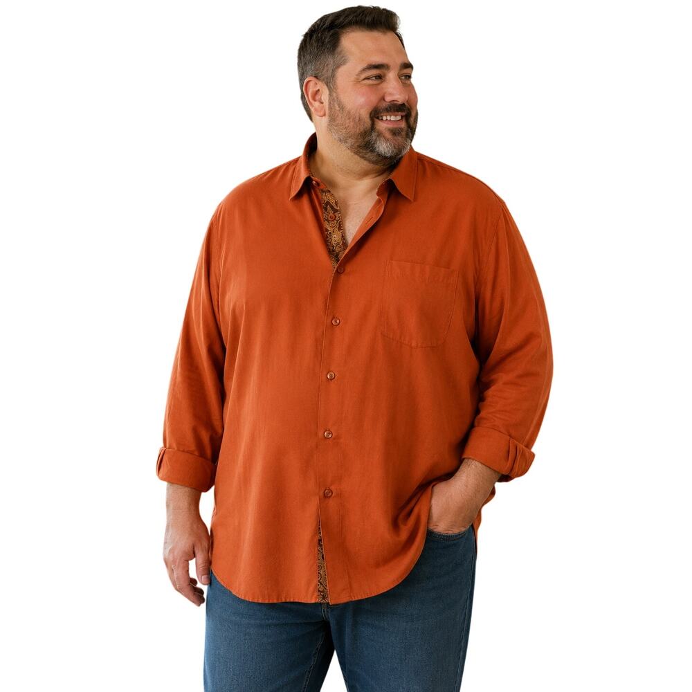 Serge A Men's Rust/Orange Button Front Long Sleeve Shirt 3XB Paisley Trim
